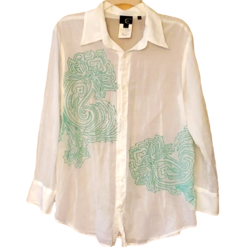 Just Cavalli Ittierre Womans Sheer White Buttondown with Green Design Size 42